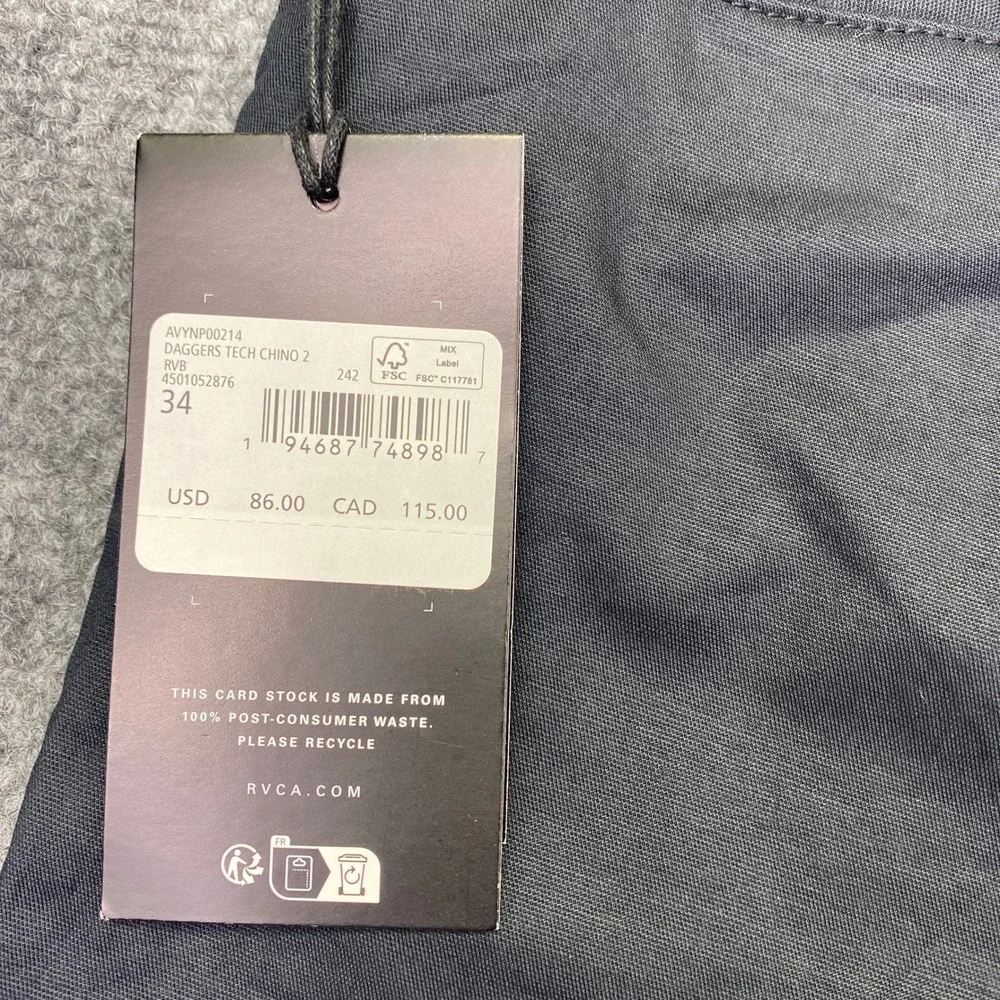 RVCA Daggers Tech Chino 2 Mens Slim Fit Pants‎ Black AVYNP00214 Size 34 NWT